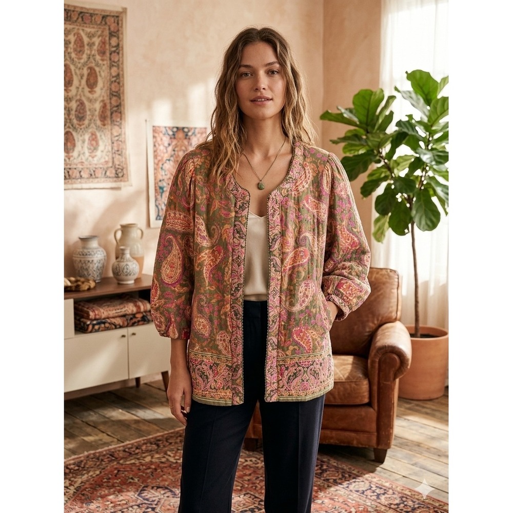 Democracy Women 2X Paisley Reversible Cotton Open Front Jacket Green Pink Boho